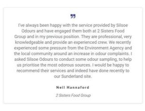 Testimonials are used throughout the new Silsoe Odours website