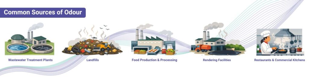 Common sources of odour nuisance include wastewater treatment plants, landfills, food production and processing, rendering facilities and restaurant and commercial kitchens.  